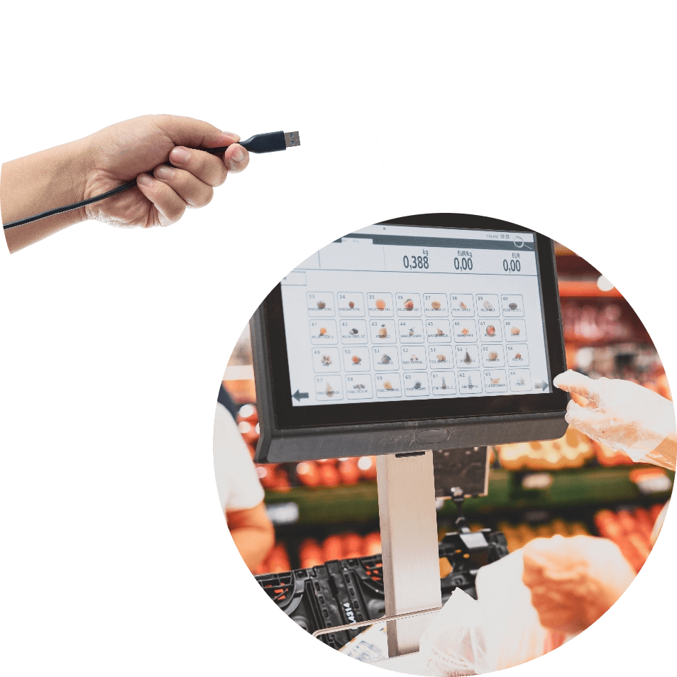 supermarket scanner and hand holding USB